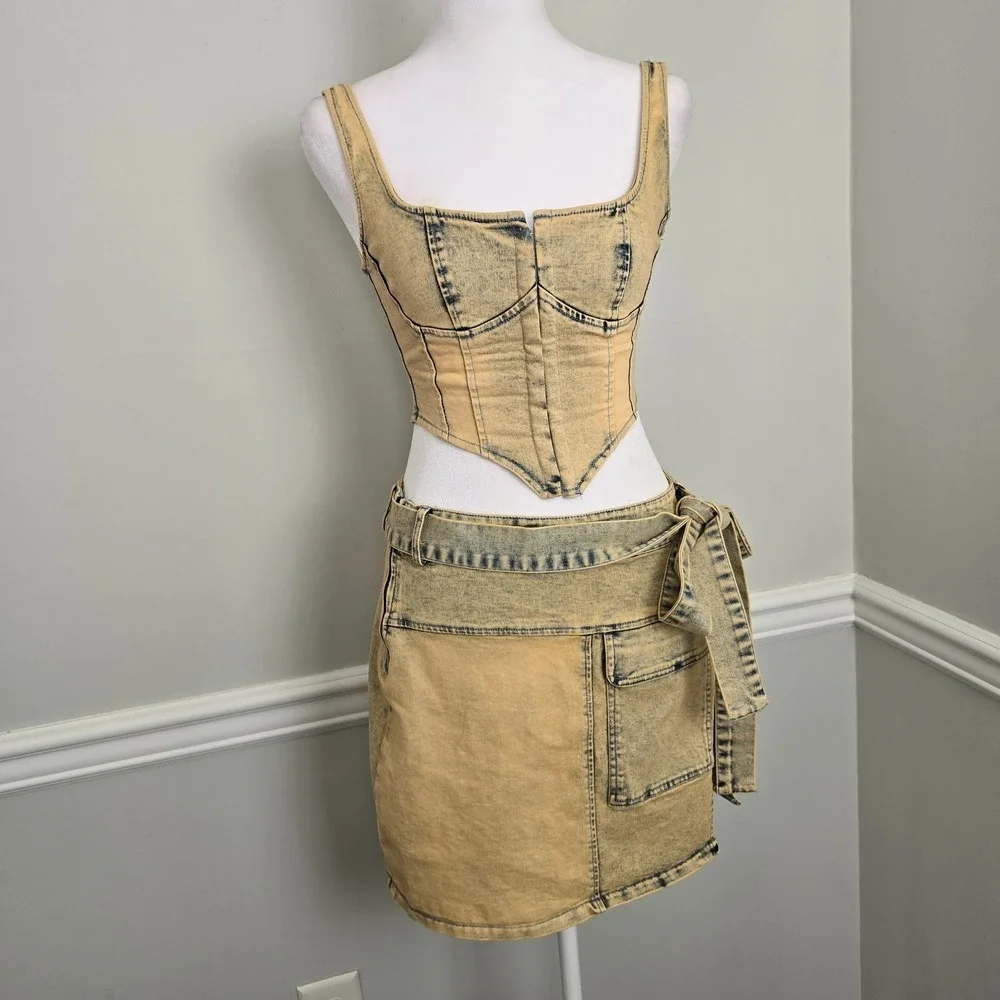 Cherie Los Angeles Womens Denim Crop Corset Skirt Set Small Y2K Chic Streetwear - Picture 2 of 10